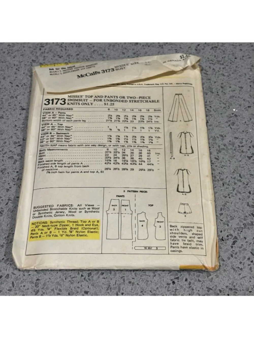 Vintage 1970s McCalls Sewing Pattern Top Pants Swimsuit Womens Sz 16